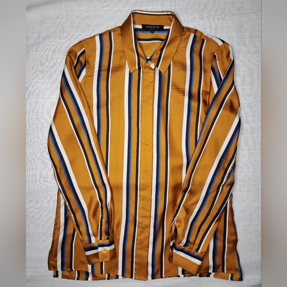Lafayette 148 New York Womens  Adela Silk Blouse, Gold/White/Blue - Picture 9 of 10